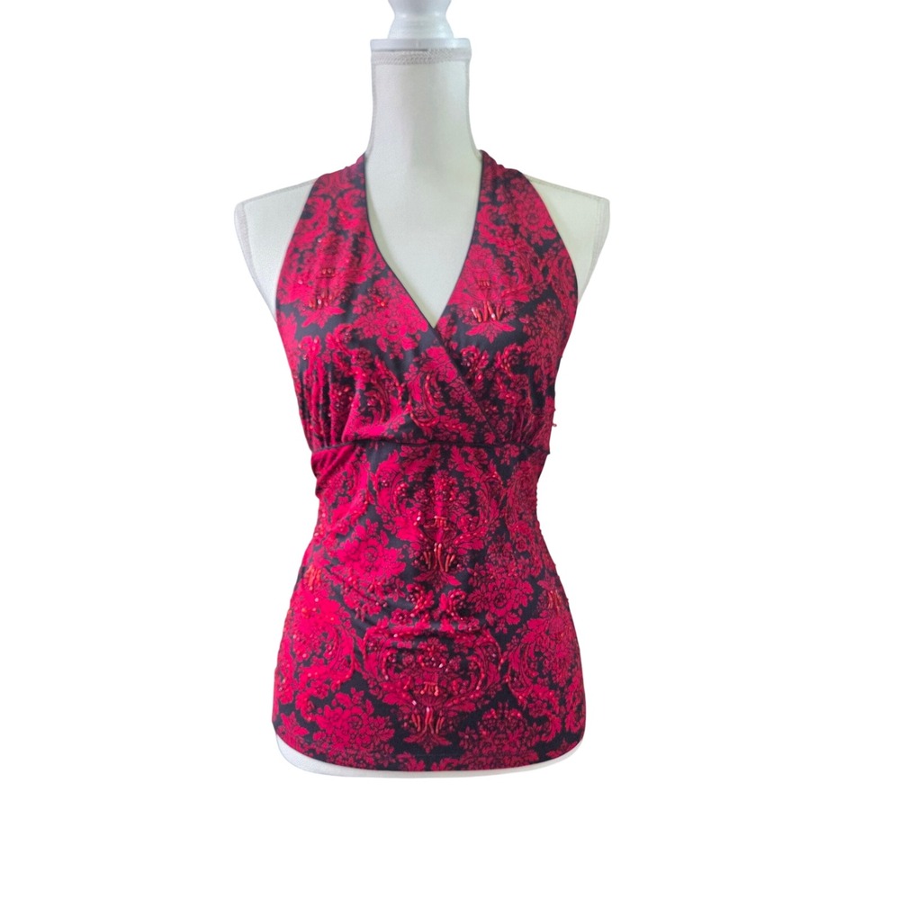 Vintage INC Beaded Halter‎ Top Red Black Vamp Dark Floral Whimsigoth Goth Y2K